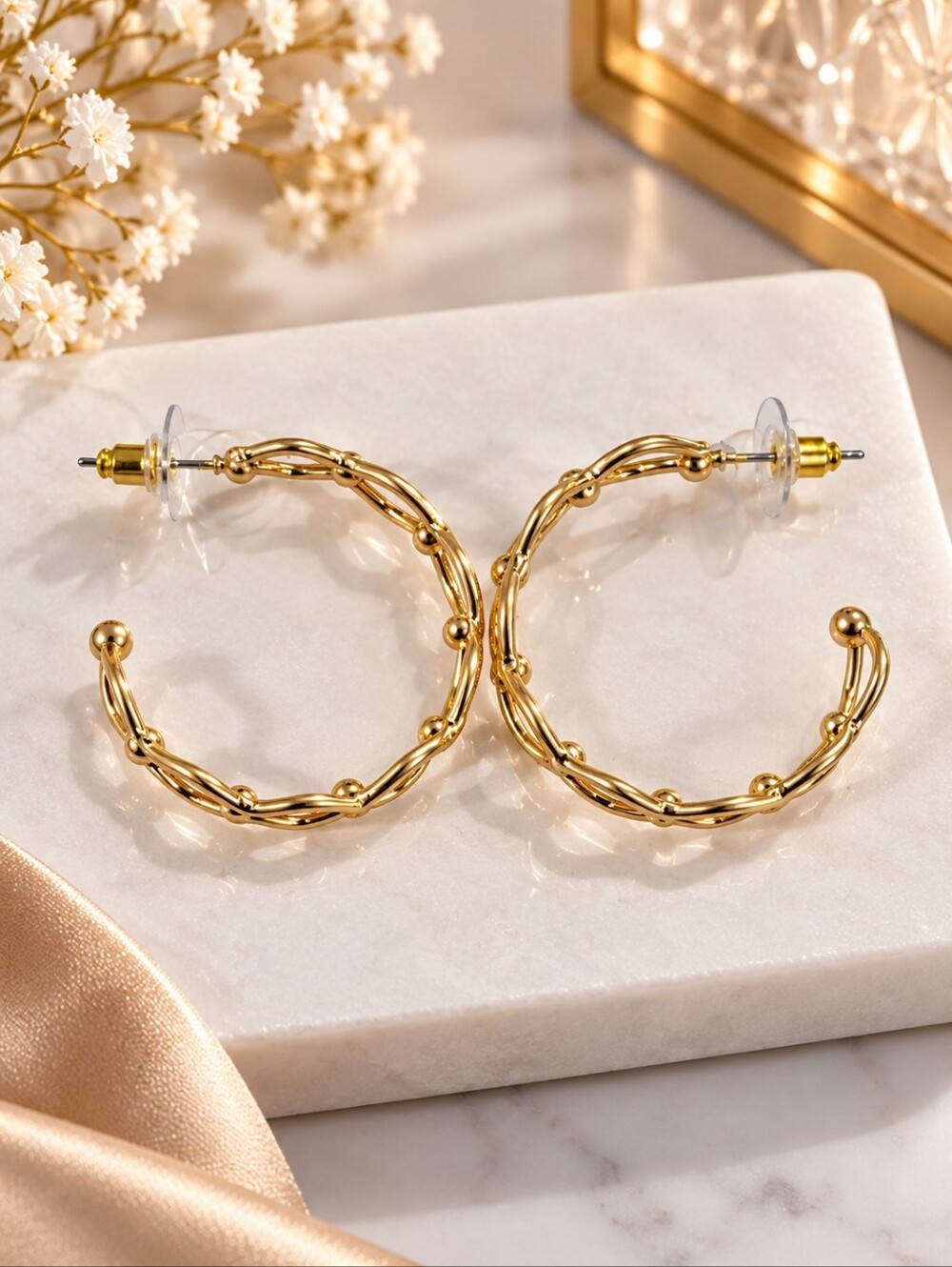 Gold Twisted Rope Hoop Earrings with Detail Statement - Women's Fashion Jewelry